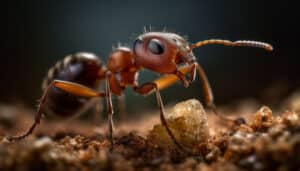 Ant with six legs climbing a green leaf using tripod gait motion