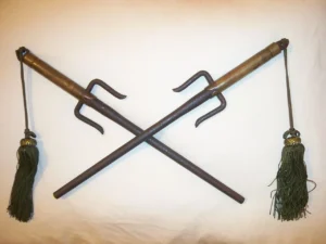 Sai weapon pair with blunt blades used in Okinawan martial arts