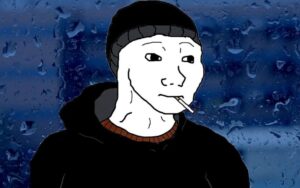 Wojak meme with messy hair, crazed eyes, and obsessive look